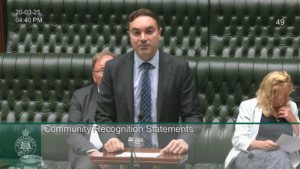 Photo of David Saliba standing at a lecturn in NSW parliament, with text reading 'Community Recognition Statements' towards the bottom of the image