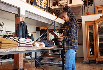 A female retail worker in a clothing store conducting a stocktake exercise (440x300)