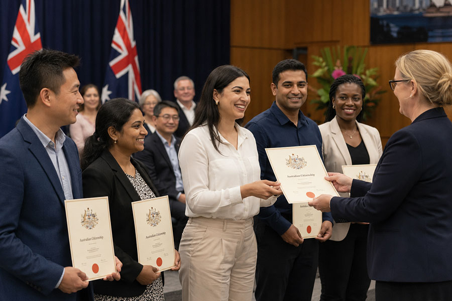Five new Australian citizens being presented with their official Australian citizenship certificates at a ceremony (900x600)