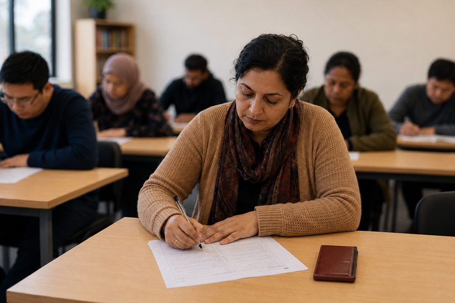 A Navitas Skilled Futures student completing a practice citizenship test in a classroom with other students (900x600)