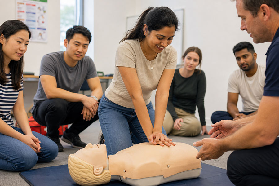 A student using a mannequin to demonstrate resuscitation during a Skills for Care Industries short course class (900x600).