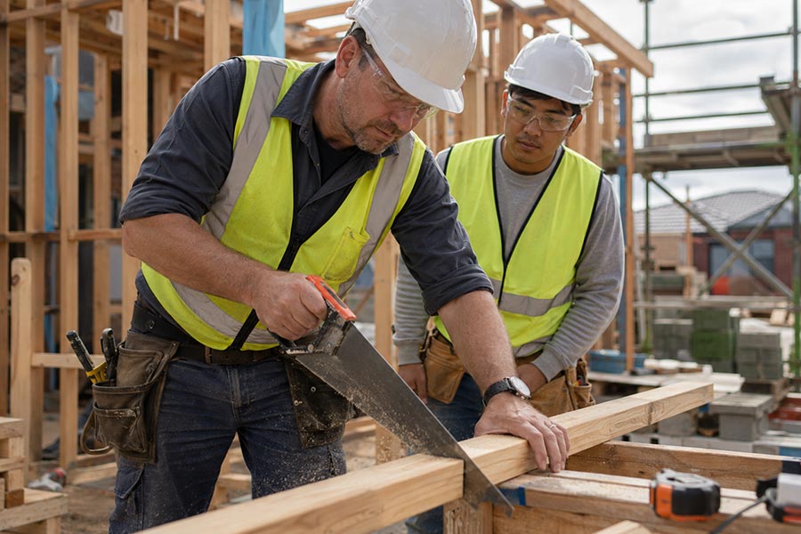 A carpenter sawing a piece of wood while a student from the NSF Skills for Construction short course observes (900x600).