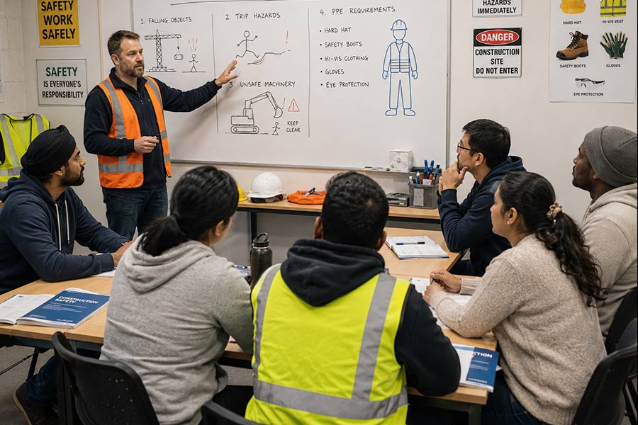 Migrant students sitting around a table and looking towards their teacher who is using a whiteboard to explain the hazards of working on a construction site (900x600)