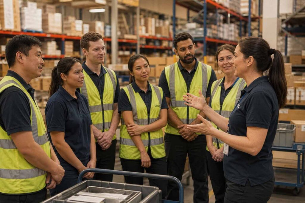 Several NSF students standing in a distribution centre wearing high visibility jackets, looking towards their teacher who is explaining something to them and holding her hands out in front of her body (900x600)