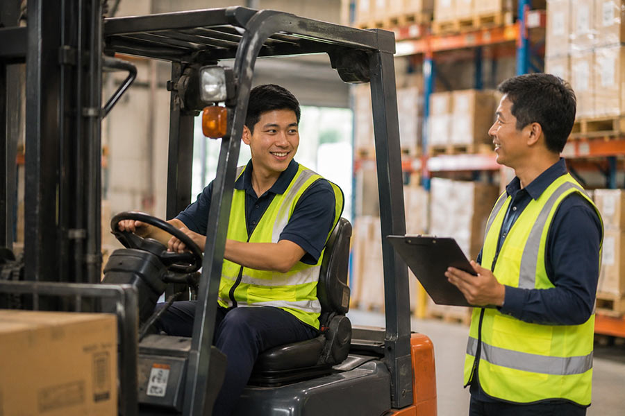 An NSF student learning to operate a forklift in a warehouse and his teacher standing beside him holding a clipboard (900x600)