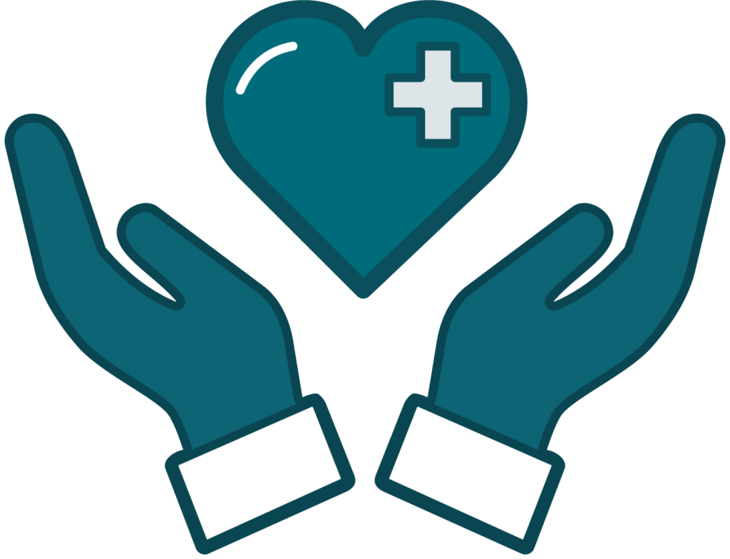 A graphic featuring two hands surrounding a heart with a plus icon on it.