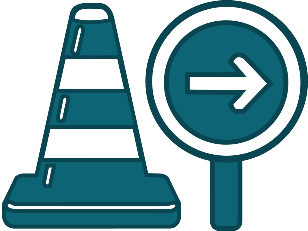 A graphic featuring a traffic cone and road sign.