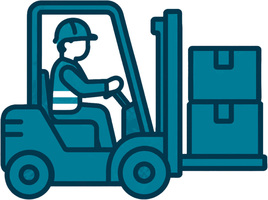 A green graphic of a person operating a forklift