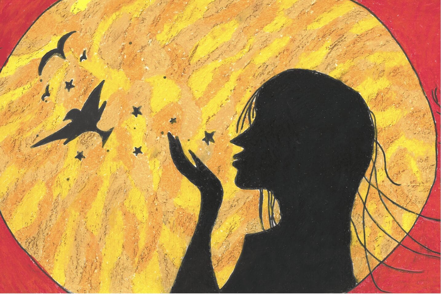 Painting. Black silhouette blowing stars in front of sun. Red background.