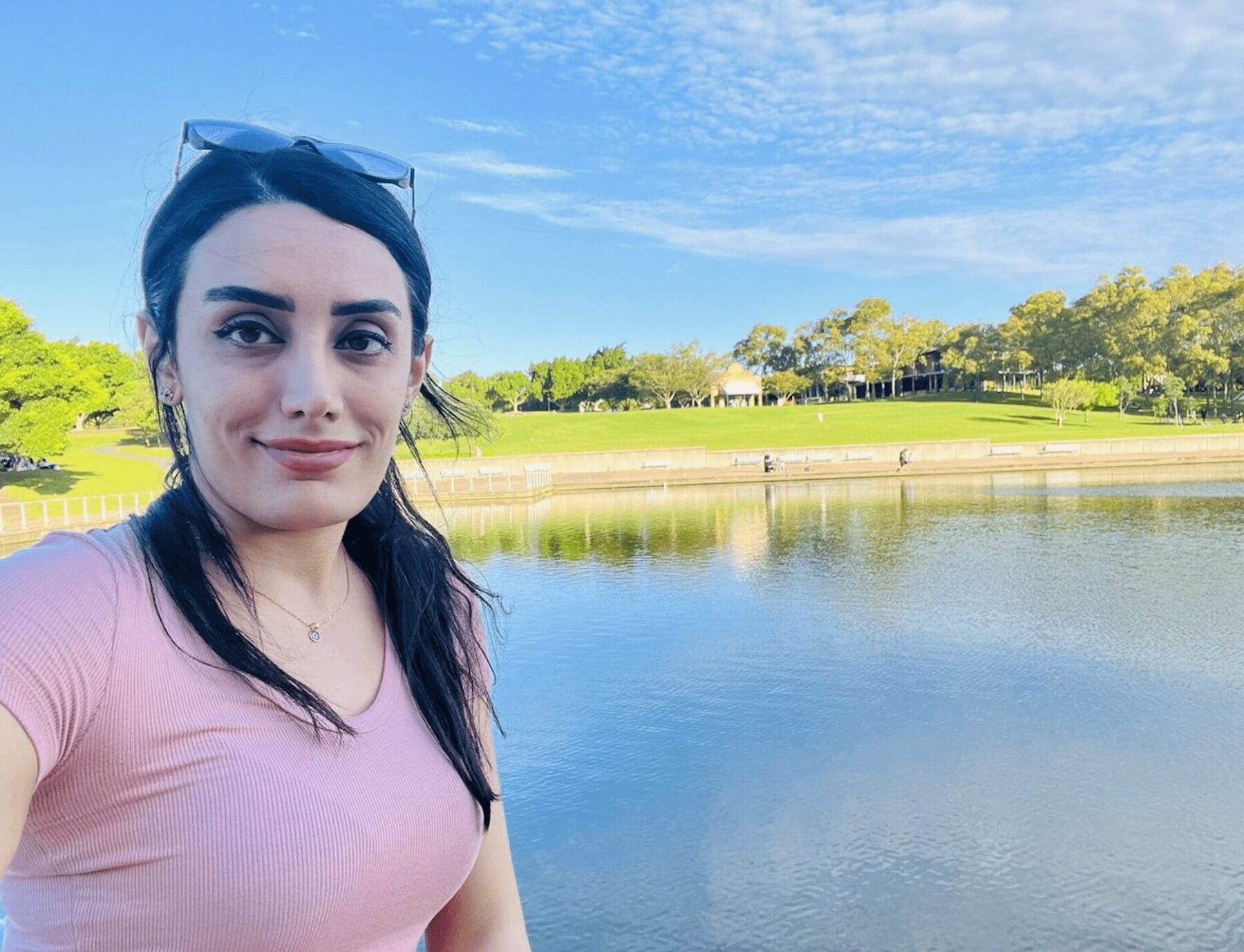 women at lake