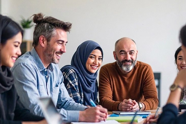 A group of EAL students at Navitas Skilled Futures sitting around a table with books and pens in their hands (732x488)