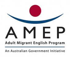 AMEP Adult Migrant English Program Logo - black text on white background with a blue and red logo