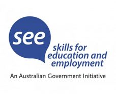 Skills for Education and EMployment program logo - blue text on white background with a white and blue logo